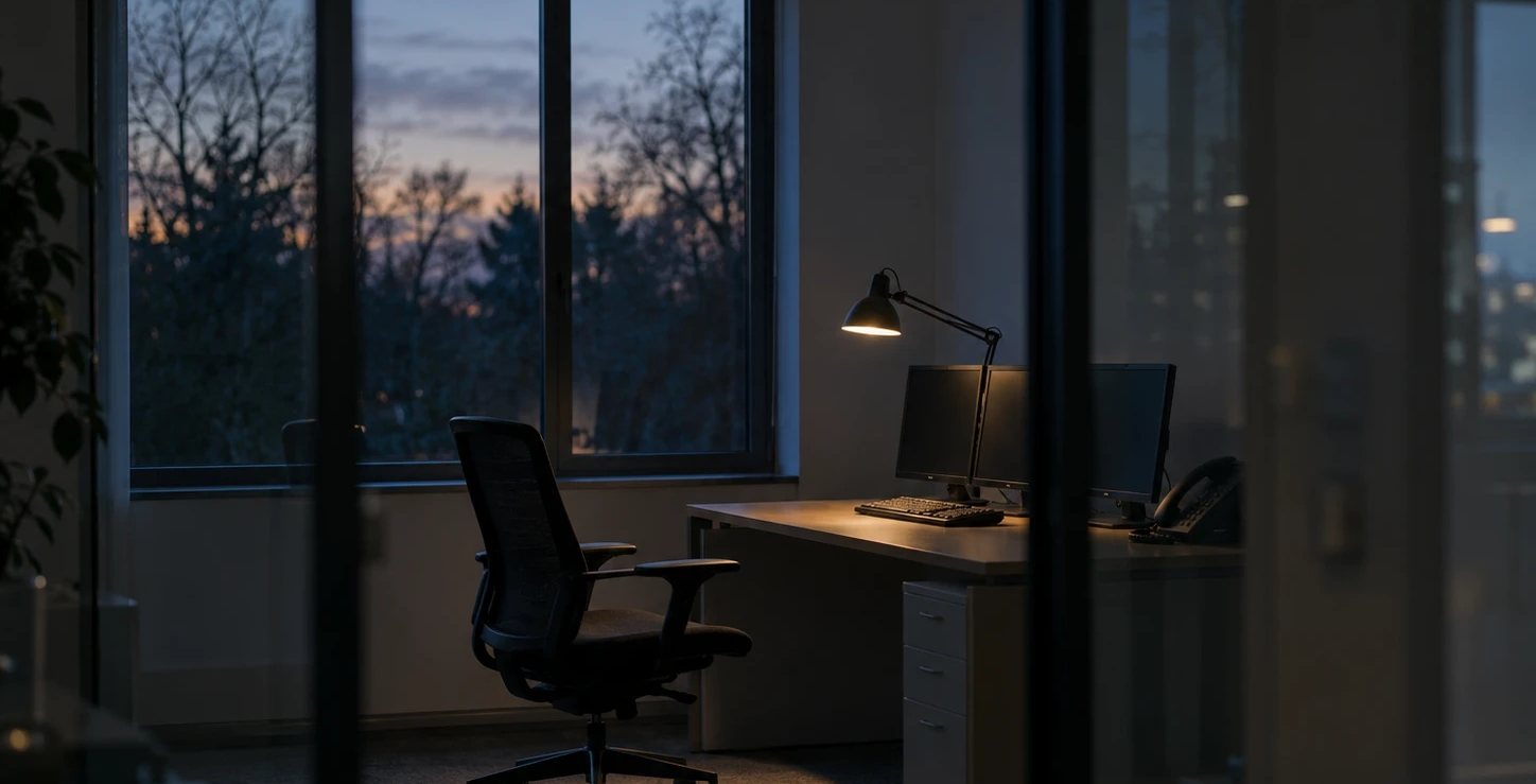 Un bureau d’entreprise à la tombée de la nuit, vu depuis un couloir vitré : une lampe allumée, deux écrans éteints, une chaise vide.
